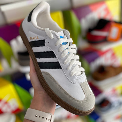 Adidas samba branco preto sola marrom